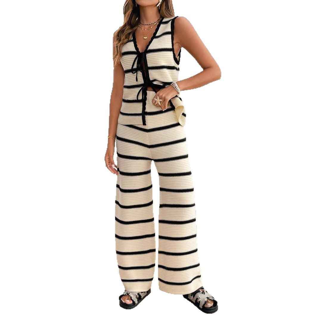 Womens Front-Tie Sleeveless Vest Pants Ladies Set