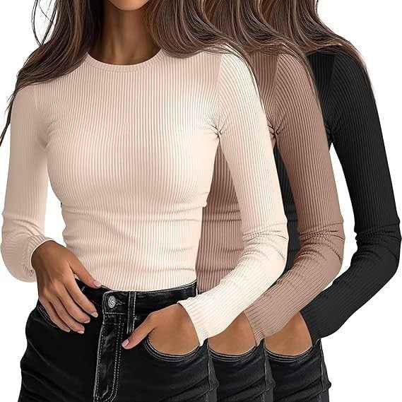 Womens Crew-neck Slim-fit Long-sleeve T-shirt