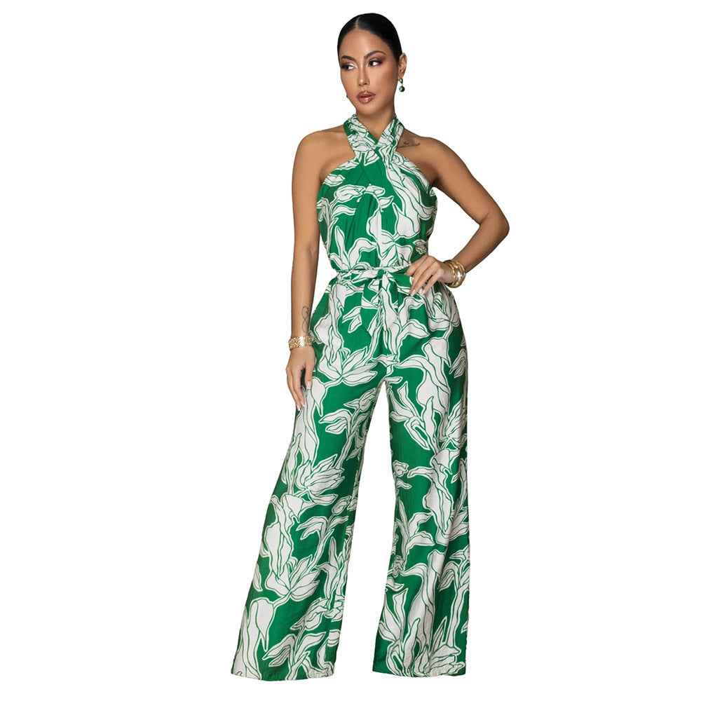 Womens Sexy Halter-neck Sleeveless Printed Jumpsuit