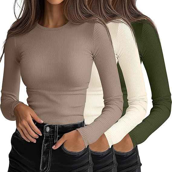 Womens Crew-neck Slim-fit Long-sleeve T-shirt