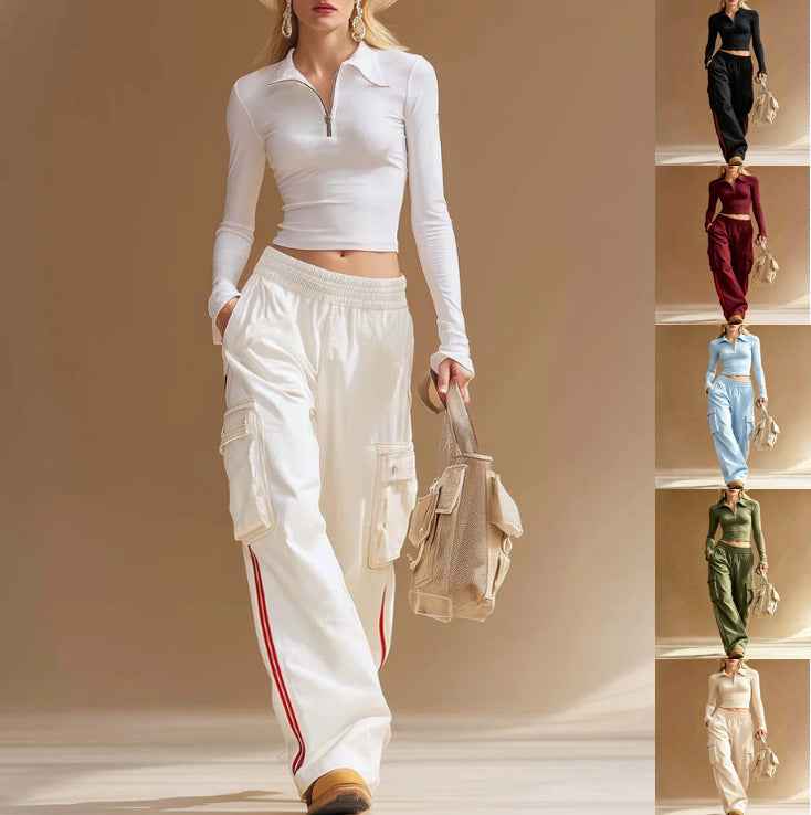 Zip-front Collar Long-sleeve Top And Utility Pants Set