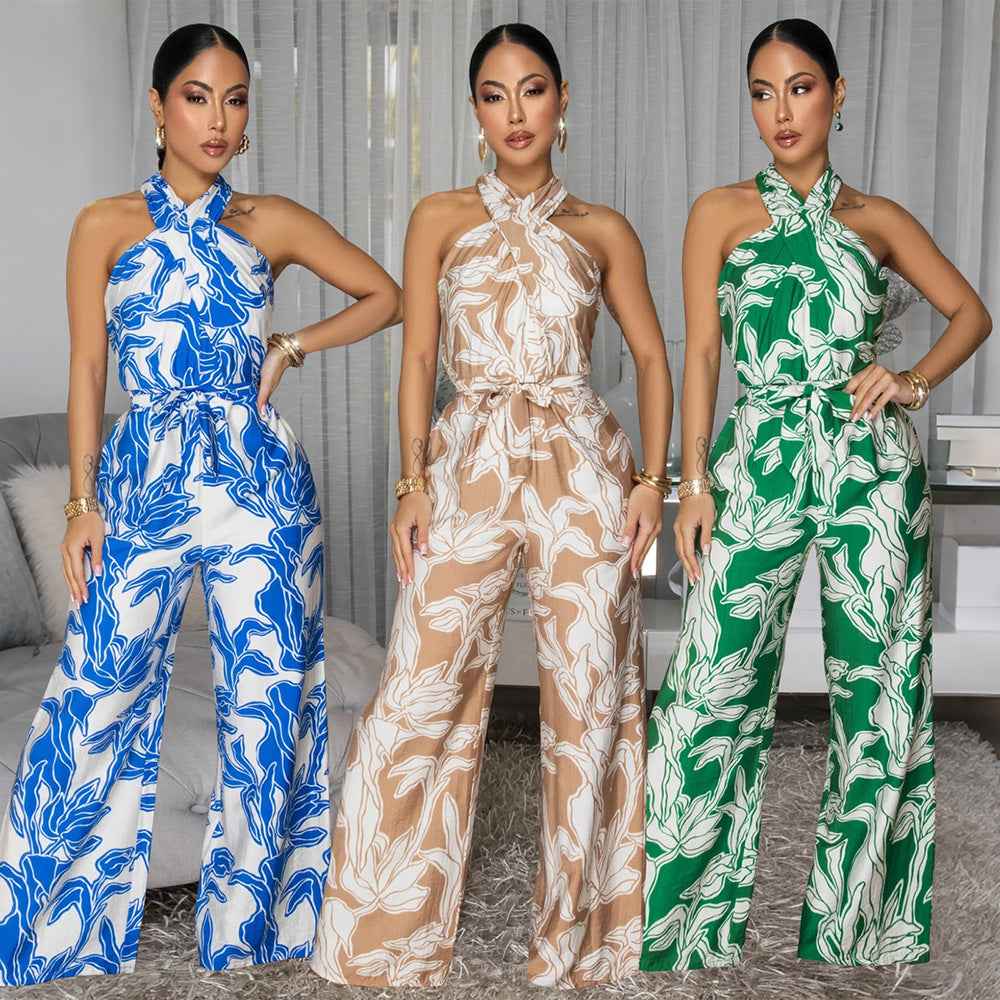Womens Sexy Halter-neck Sleeveless Printed Jumpsuit