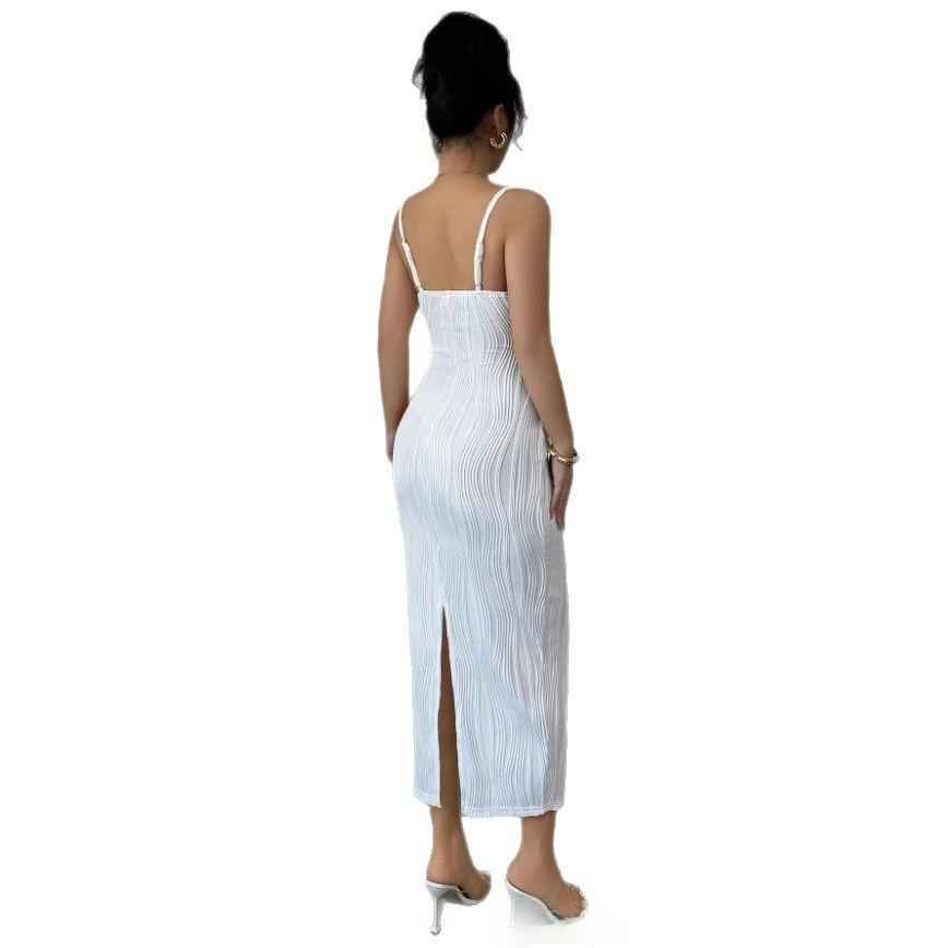 Womens Solid-Color Backless Slit Casual Dress