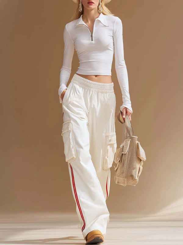 Zip-front Collar Long-sleeve Top And Utility Pants Set