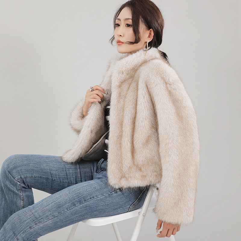 Stand-collar Cardigan Plush Fur Coat For Women