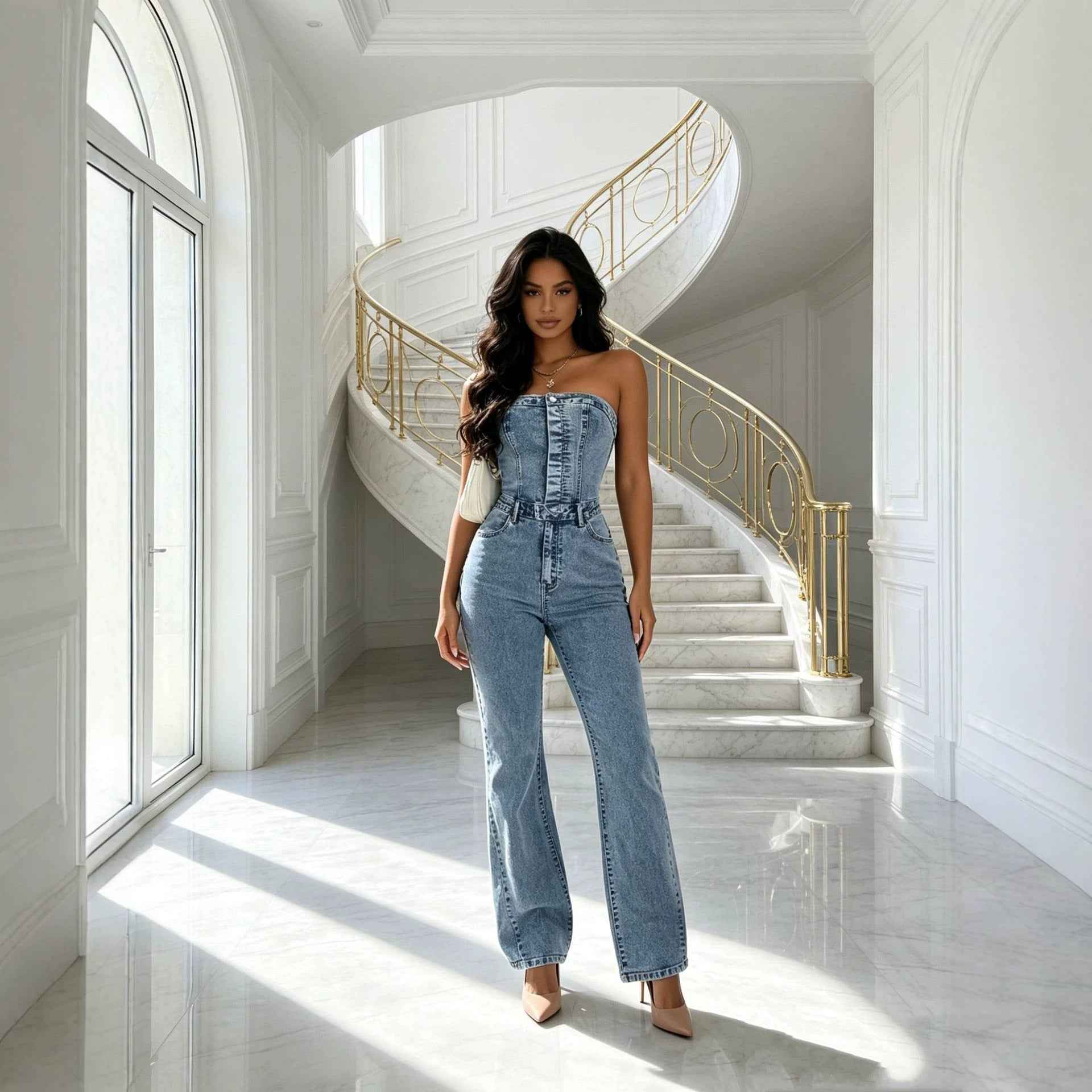 Womens Waist-Cinching Denim Casual Jumpsuit