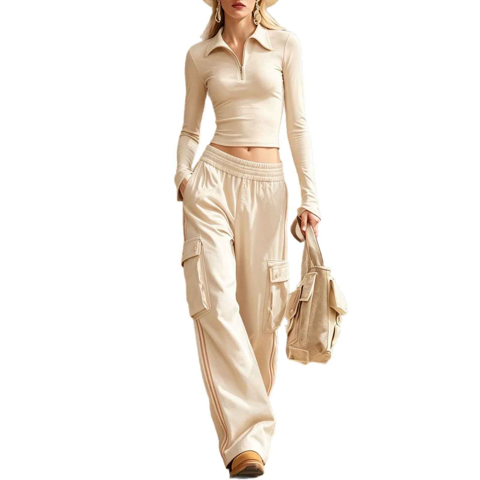 Zip-front Collar Long-sleeve Top And Utility Pants Set