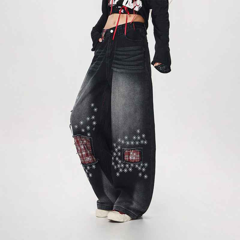100 Cotton Washed Denim Jeans With Ripped Patches And Embroidery