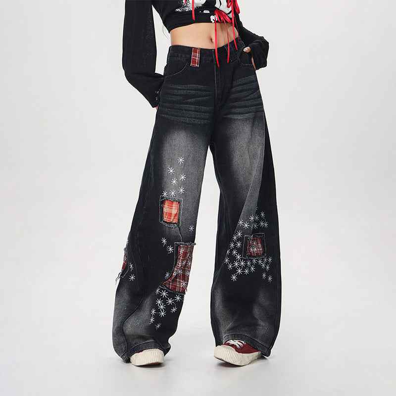 100 Cotton Washed Denim Jeans With Ripped Patches And Embroidery