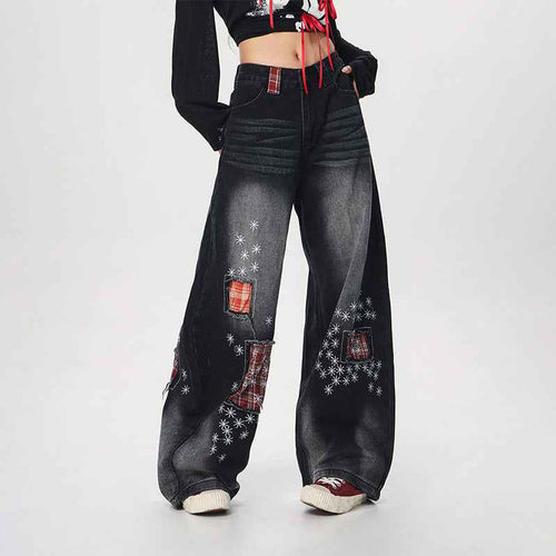 100 Cotton Washed Denim Jeans With Ripped Patches And Embroidery