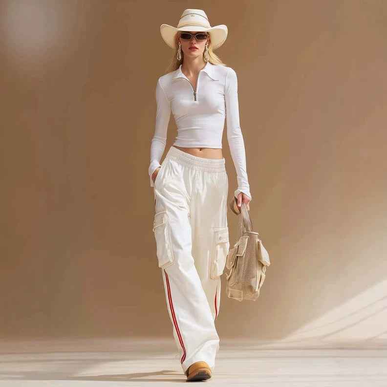 Zip-front Collar Long-sleeve Top And Utility Pants Set