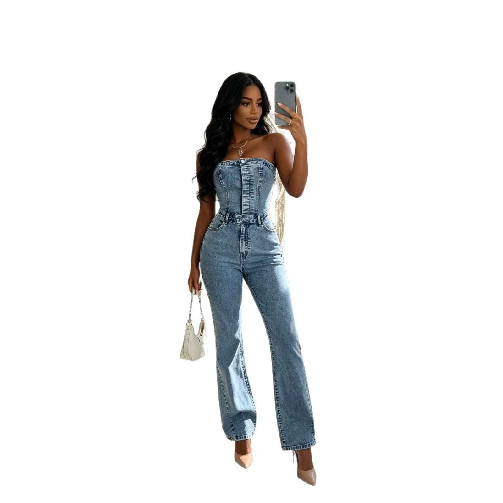 Womens Waist-Cinching Denim Casual Jumpsuit