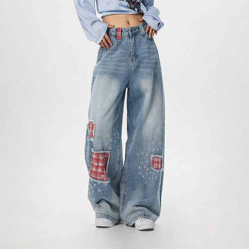 100 Cotton Washed Denim Jeans With Ripped Patches And Embroidery