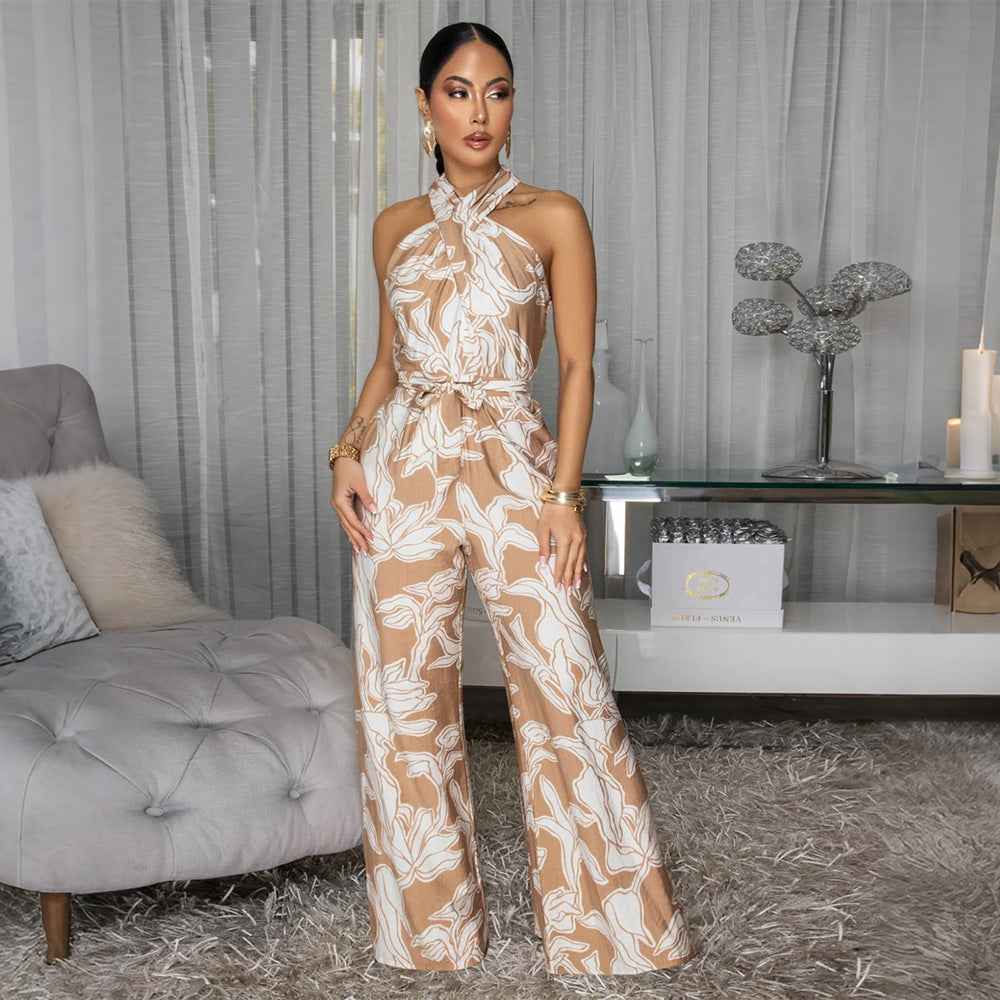 Womens Sexy Halter-neck Sleeveless Printed Jumpsuit