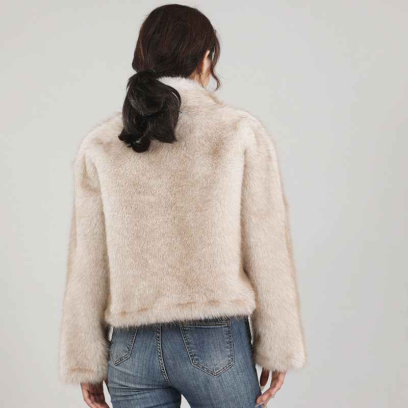 Stand-collar Cardigan Plush Fur Coat For Women