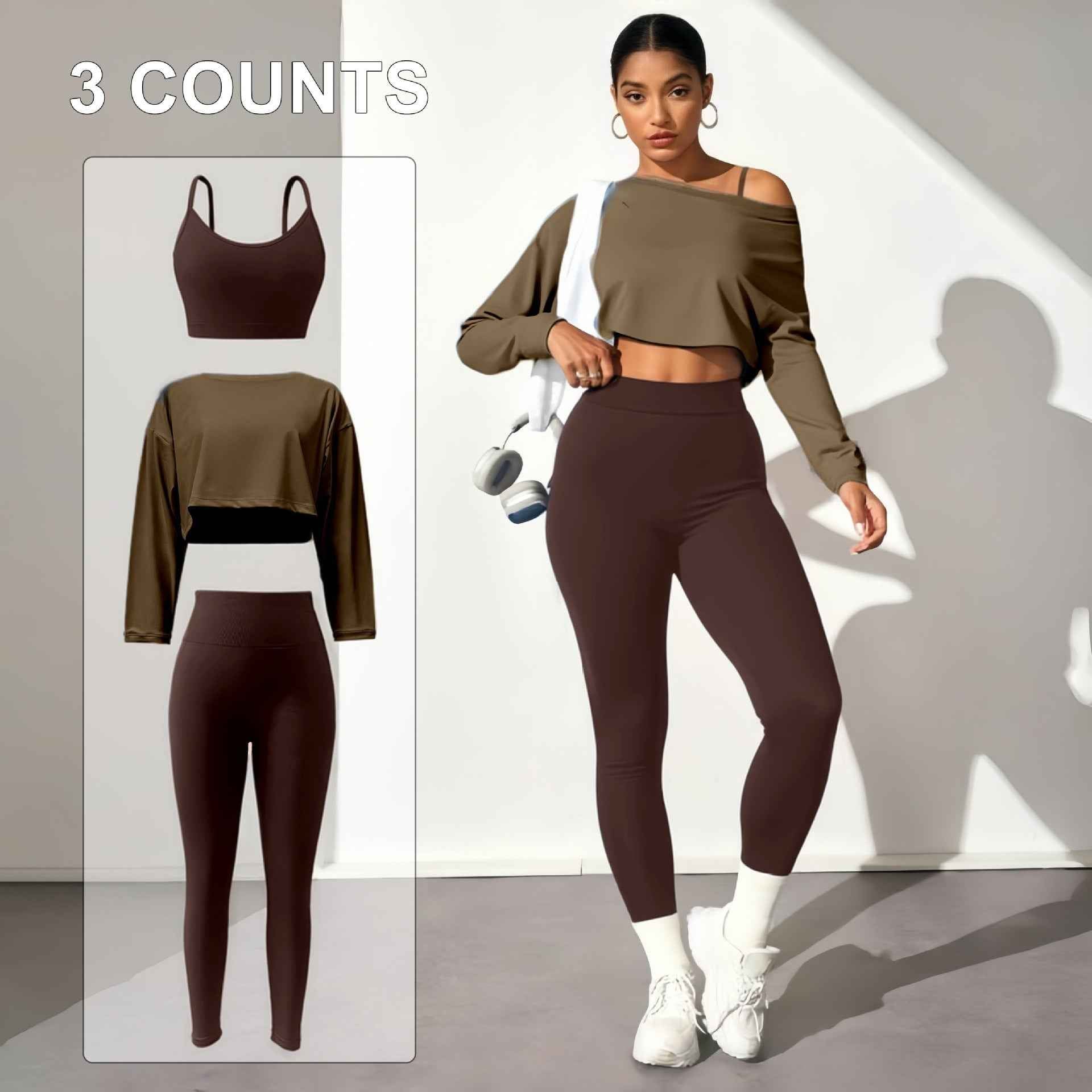 Fashionable Three-piece Yoga Set Seamless Bra Tight-fitting Pants And Long Sleeves