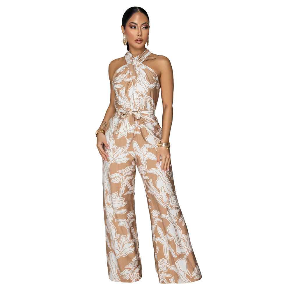Womens Sexy Halter-neck Sleeveless Printed Jumpsuit
