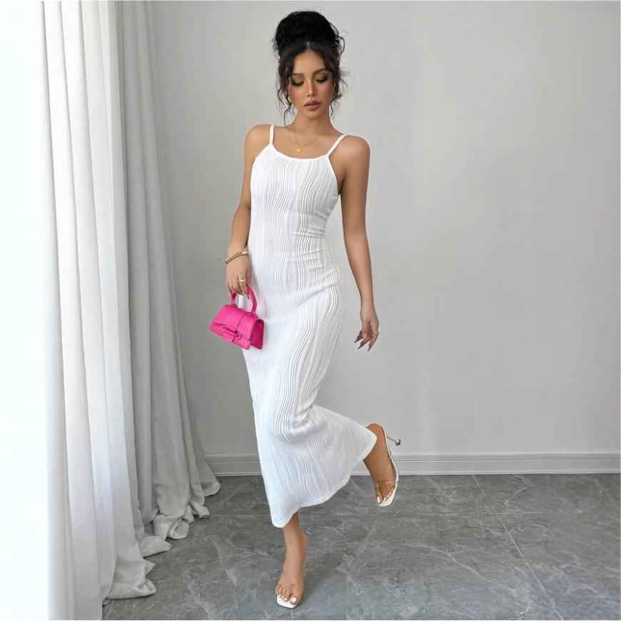 Womens Solid-Color Backless Slit Casual Dress