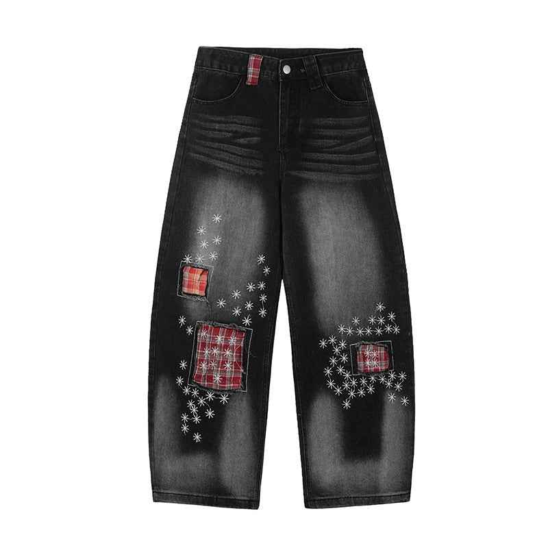 100 Cotton Washed Denim Jeans With Ripped Patches And Embroidery