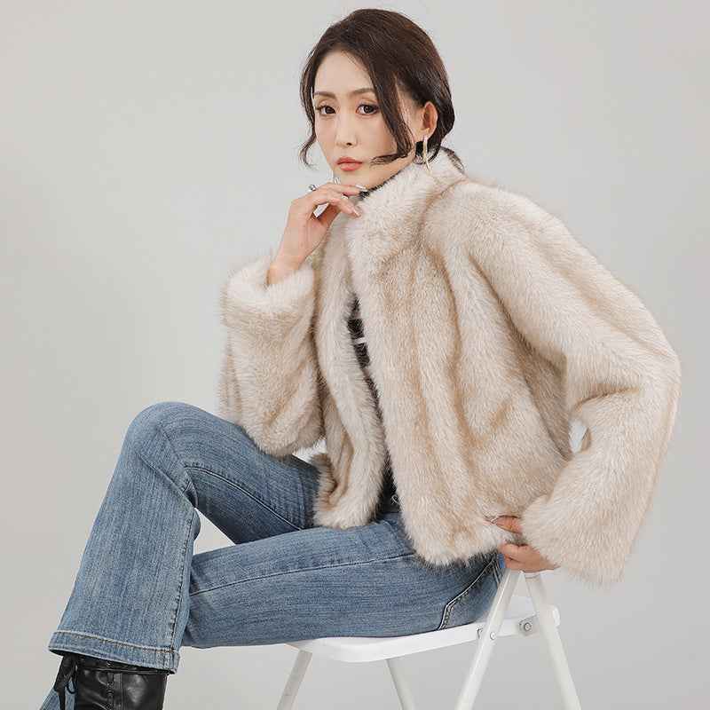 Stand-collar Cardigan Plush Fur Coat For Women