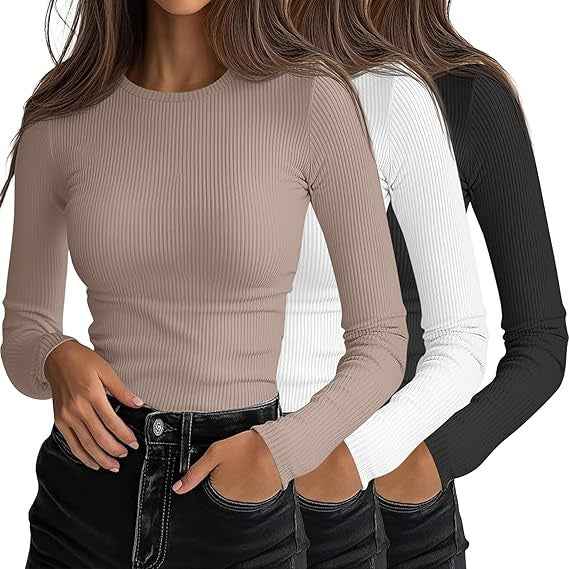 Womens Crew-neck Slim-fit Long-sleeve T-shirt