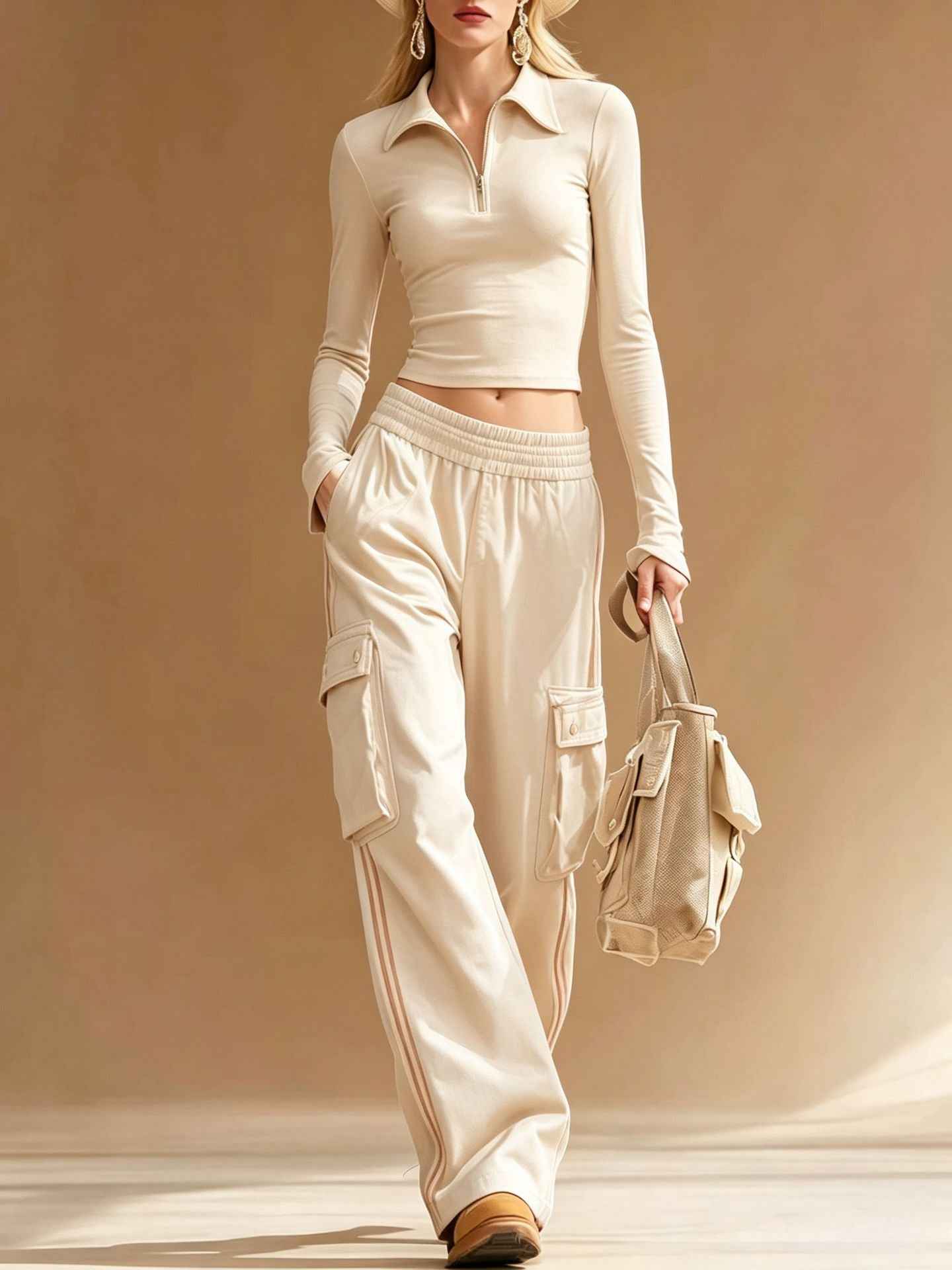 Zip-front Collar Long-sleeve Top And Utility Pants Set